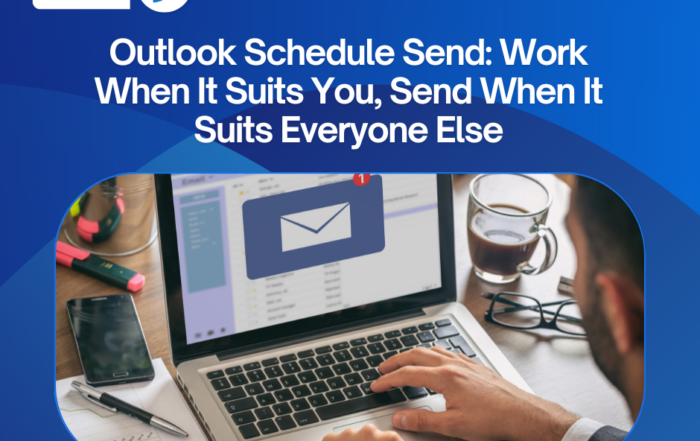 Boost Your Business by unlocking our affordable upgrade-3 - SMS Outlook Schedule Send article header on a blue gradient banner with logos, over a photo of a person typing on a laptop with email on screen, a coffee cup and supplies nearby.