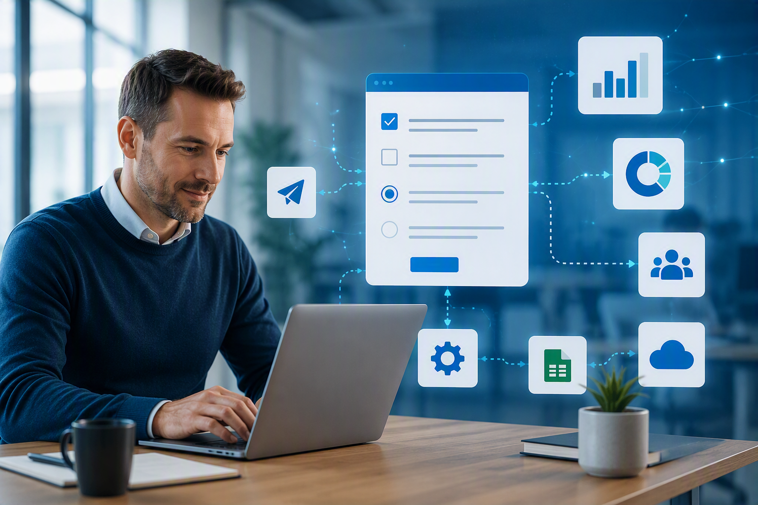 Designer 21 - SMS Man working on a laptop with a floating digital workflow diagram and icons for analytics, cloud, and collaboration beside him as visual aid to automation