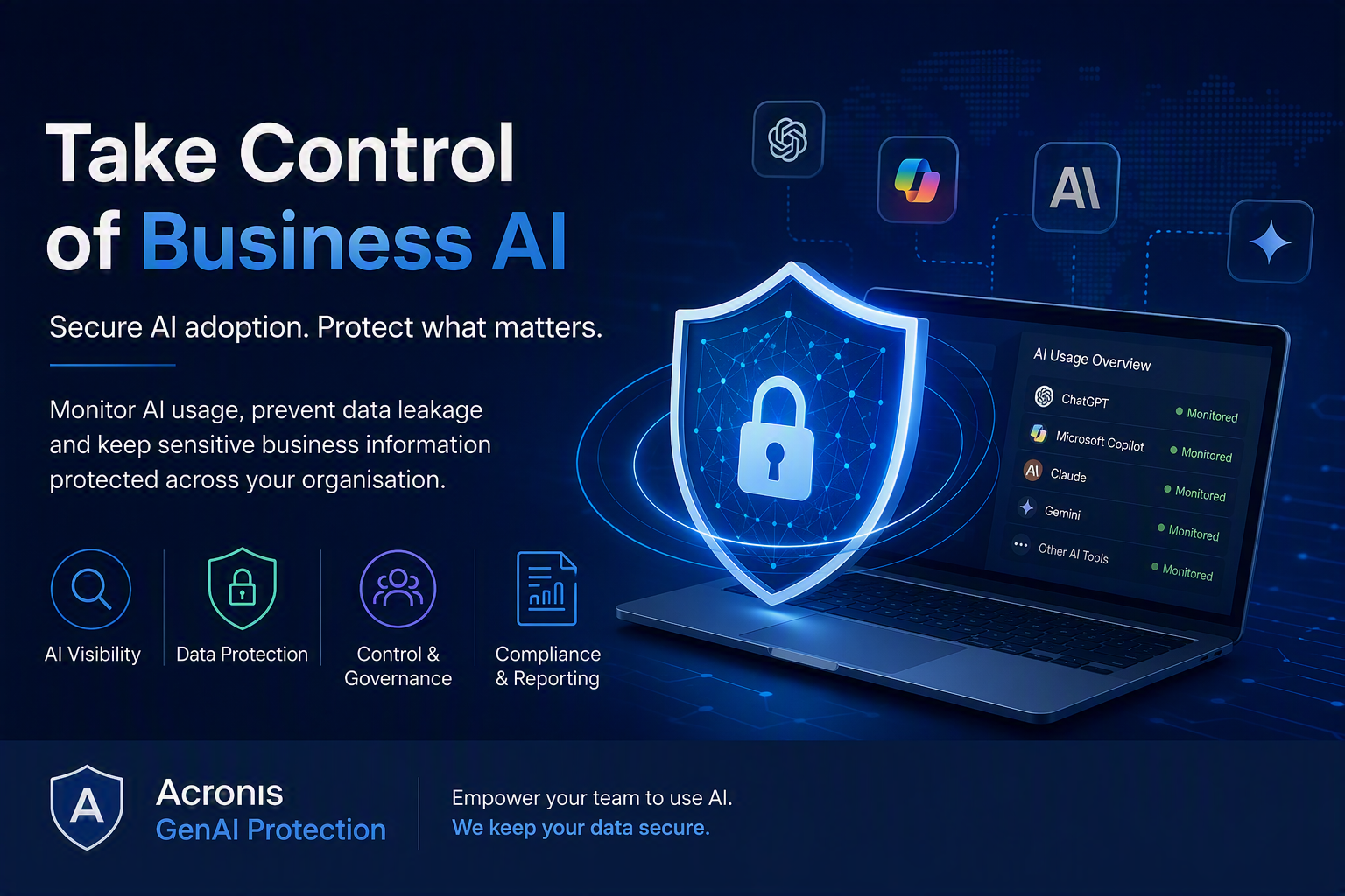 Designer 26 - SMS Blue marketing banner showing a laptop with a glowing shield, backdrop of AI icons and a world map, headline 'Take Control of Business AI' and features: AI Visibility, Data Protection, Control & Governance, Compliance & Reporting.