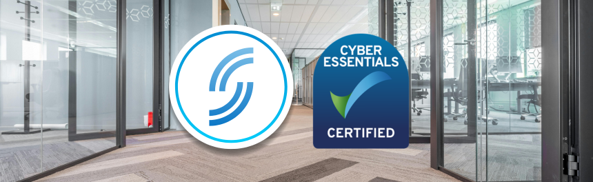 Untitled design-12 - SMS Office hallway with two certification logos: a circular blue emblem and a Cyber Essentials Certified badge.